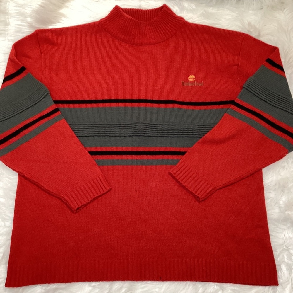 Timberland Men’s Red MockNeck Long Sleeves Ribbed Sweater Grey Black Stripes